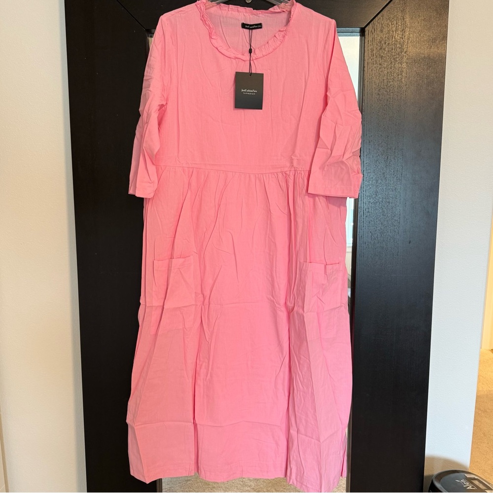 NWT Pink Cotton Gauze Maxi Dress 2X Ruffle Neck Pockets Cottagecore Boho